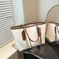 Minimalist cream and brown contrast large capacity tote bag for daily commute - Off White