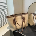 Minimalist large tote bag in beige with dark brown trim and long shoulder straps - Khaki