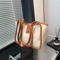 Bolso tote retro blanco crema con ribete marrón y gran capacidad para diario - Blanco Roto