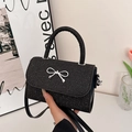 Elegant black glitter mini handbag with silver bow detail and chain strap for women - Black