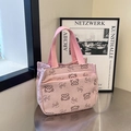 Borsa tote in velluto a coste rosa con stampe di orsetti e scritta Smile per uso quotidiano - Rosa