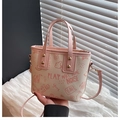 Contrast color tote bag with cute cartoon graffiti in cream white and pink - Pink