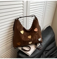Brown hobo shoulder bag with pleated texture and colorful heart patches for casual styling - Brown