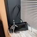 Elegant black underarm bag with glossy faux leather and white lace bow detail - With Pendant / Black