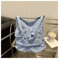 Close-up of light blue fabric tote bag featuring multi-layered ruffle design and soft texture - Blue