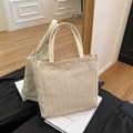 Borsa tote in paglia beige con manici in pelle crema e trama a spina di pesce - Cachi