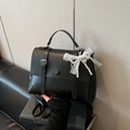 Retro black PU leather messenger bag with lace bow and pearl pendant details - Black
