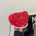 Elegant red heart-shaped quilted handbag with pearl chain and bow decoration - Red