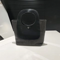 Retro handwoven black straw tote bag with smooth faux leather handle and silver snap button - Black