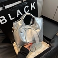 Silver metallic bucket bag with bow and lace detail for women's crossbody style - Silver
