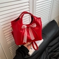 Red retro bucket handbag with white lace bow detail and detachable shoulder strap - Red