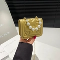 Girl's gold heart-quilted crossbody bag with pearl handle and metal chain strap - Gold