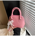 Pink faux leather shell bag with lace bow and pearl charm for crossbody or hand carry - With Pendant / Pink