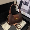 Brown woven leather handbag with gold twist lock and crossbody chain strap in gift box - Brown
