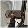 Nahaufnahme der braunen Vintage-Tasche mit goldener Schnalle und Lederriemendetails - Braun