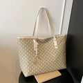 Beige tote bag featuring dark M-monogram print and round metal letter pendant detail - Off White