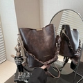 Vintage dark coffee bucket bag with woven strap and cute bunny pendant detail - With Pendant / Brown