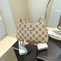 Vintage beige canvas shoulder bag with dark brown pattern and golden metal buckle - Khaki