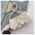 Beige floral jacquard scrunchie bucket bag with embroidery for women’s fashion - Pink