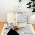 Fashionable cream and silver contrast square bag with metallic crinkle texture and handle - Silver