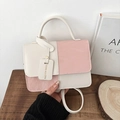 Pink and white color block small square handbag with a gold-stamped fashion tag - Pink