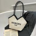 Minimalistische beige gewebte Stroh-Schultertasche mit schwarzem Lederbesatz und Logo - Schwarz