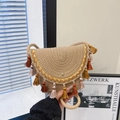Ethnic straw crossbody bag with colorful tassels and wave embroidery for women - Khaki