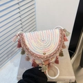 Bohemian straw woven bag with colorful wave embroidery and decorative fringe tassels - Pink
