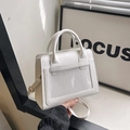 Minimalist white crossbody bag with transparent front pocket and dual handles - White