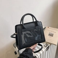 Chic black PU leather handbag with transparent pocket and sleek cylindrical handles - Black