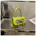 Mini green leather square handbag with rhinestone bow and metal chain strap - Green