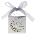 Detailed laser-cut silver candy box with star moon patterns and blue ribbon bow - 5x5x8CM / Reflective Silver