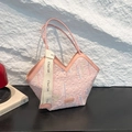 Pink tote bag with geometric texture and colorful embroidery for women's daily commute - Pink