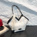 White tote bag with colorful wavy embroidery and stylish wide logo webbing strap - Black and White