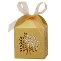 Detail of ivory laser-cut tree of life candy box with metallic pearl finish and gold ribbon - Gold