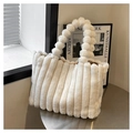 White faux fur tote bag with plush ball handles and textured vertical stripes - Off White