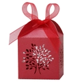 Detail of red laser-cut candy box with Tree of Life design and chiffon ribbon bow - Pearlescent Red