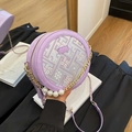 Sac bandoulière rond lilas avec broderie florale, chaîne et perles décoratives - Violet