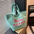 Mint green canvas tote bag with pink Aloha art print for casual summer daily style - Green