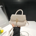 Creamy white small square bag with shimmering sequin flap and golden metal clasp for women - White