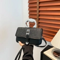 Chic black handbag with glitter flap and silver wave metal handle for women - Black
