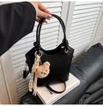 Elegant black bucket bag with a cute plush bear pendant and a detachable shoulder strap - With Pendant / Black