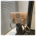 Pink and silver contrast crossbody bag with metal M letter logo and buckle flap - Pale Blue