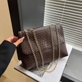Retro deep brown woven shoulder bag with golden chain straps and premium texture - Brown