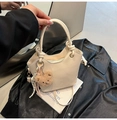 Chic cream white PU leather tote bag with knotted handle and cute brown bear charm - With Pendant / White
