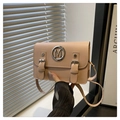 Beige rectangular crossbody bag with silver M logo and decorative buckles - Pink