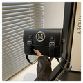 Classic black PU leather crossbody square bag with silver M logo and white stitching - Black