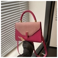 Detail der fuchsiafarbenen Ledertasche mit rosa Tweed-Klappe und goldener Schließe - Rosenrosa