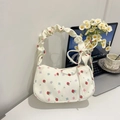 Bolso bandolera de lona crema con estampados de fresas flores y correa plisada - Fresa