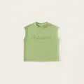 Grass green sleeveless kids tank top featuring embossed Optimism lettering detail - 110 / Green